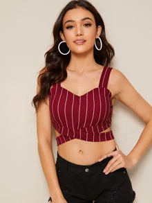 SHEIN 十字交叉腰條紋短版上衣 - 酒紅色 - 查看 4