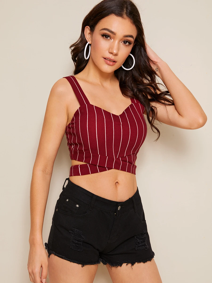 SHEIN 十字交叉腰條紋短版上衣 - 酒紅色 - 查看 1