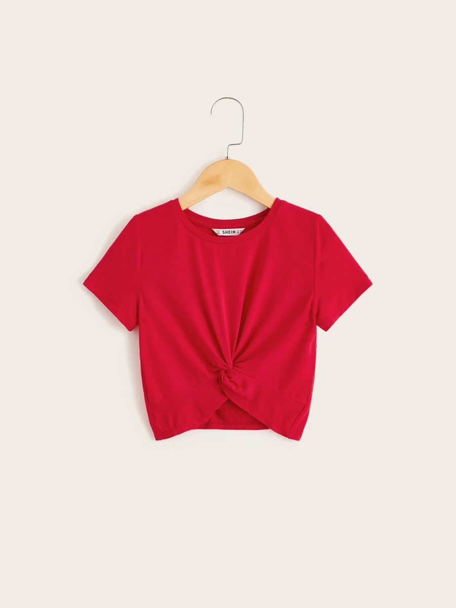 SHEIN Tween Girl Twist Hem Tee - Red - View 1