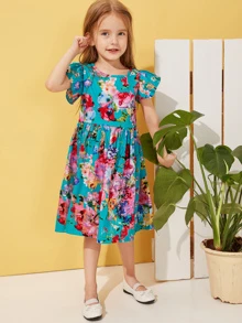 Vestido de Niñas con estampado floral fruncido - Multicolor - Ver 3