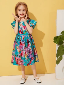 Vestido de Niñas con estampado floral fruncido - Multicolor - Ver 1