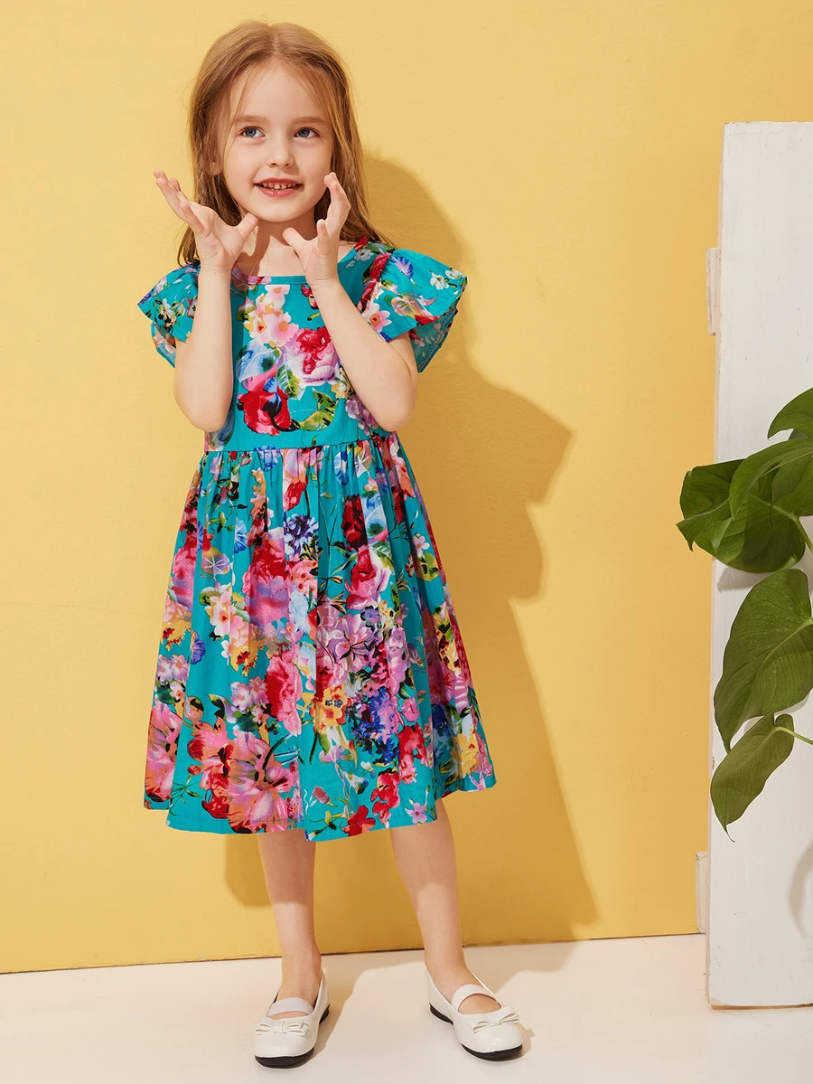 Vestido de Niñas con estampado floral fruncido - Multicolor - Ver 1