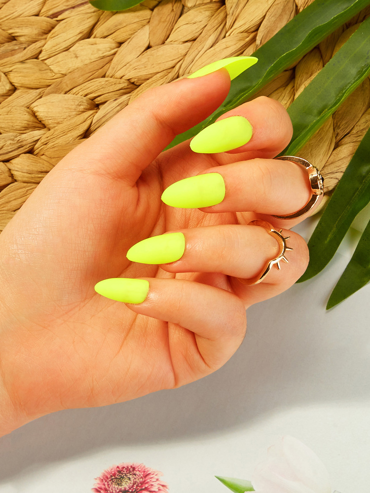 Neon Almond Fake Nail 24pcs & Tape & Nail File - Yellow - View 1