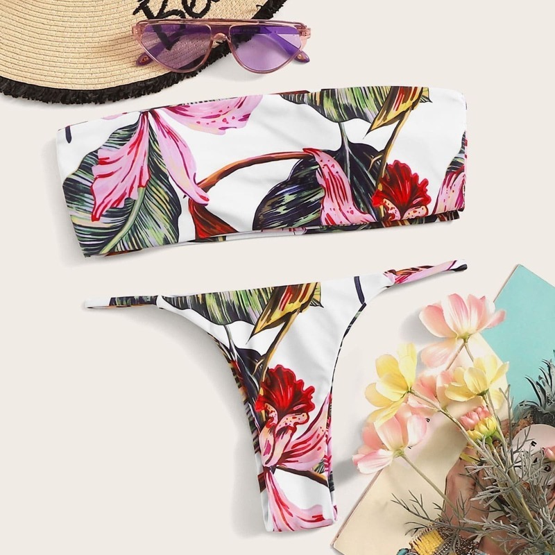 

Random Tropical Bandeau With Thong Bikini Set, Multicolor