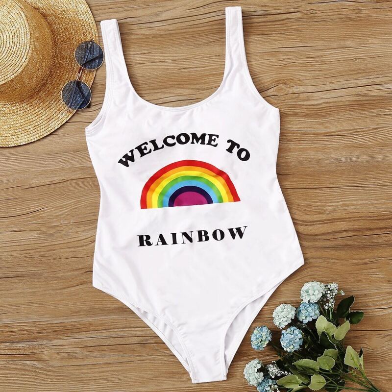 

Rainbow & Letter Print Low Back One Piece Swimsuit, White