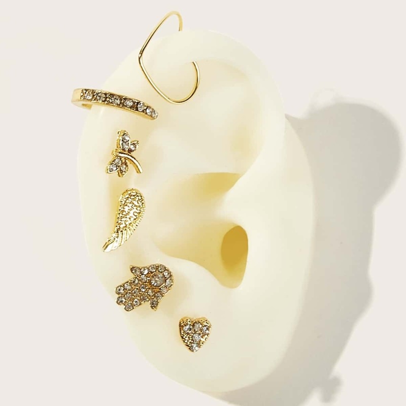 

Rhinestone Engraved Heart Stud & Cuff Hoop Earring 6pcs, Gold
