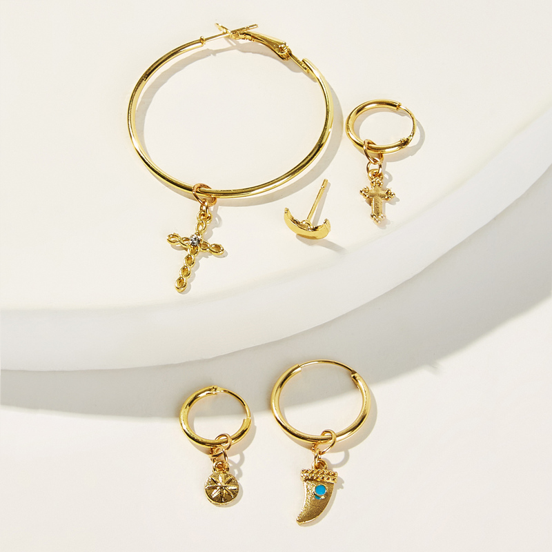 

Moon & Cross Decor Oversized Hoop Drop Earring 5pcs, Gold