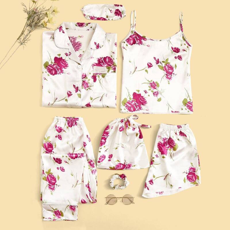 

7pcs Floral Print Satin Pajama Set, Multicolor