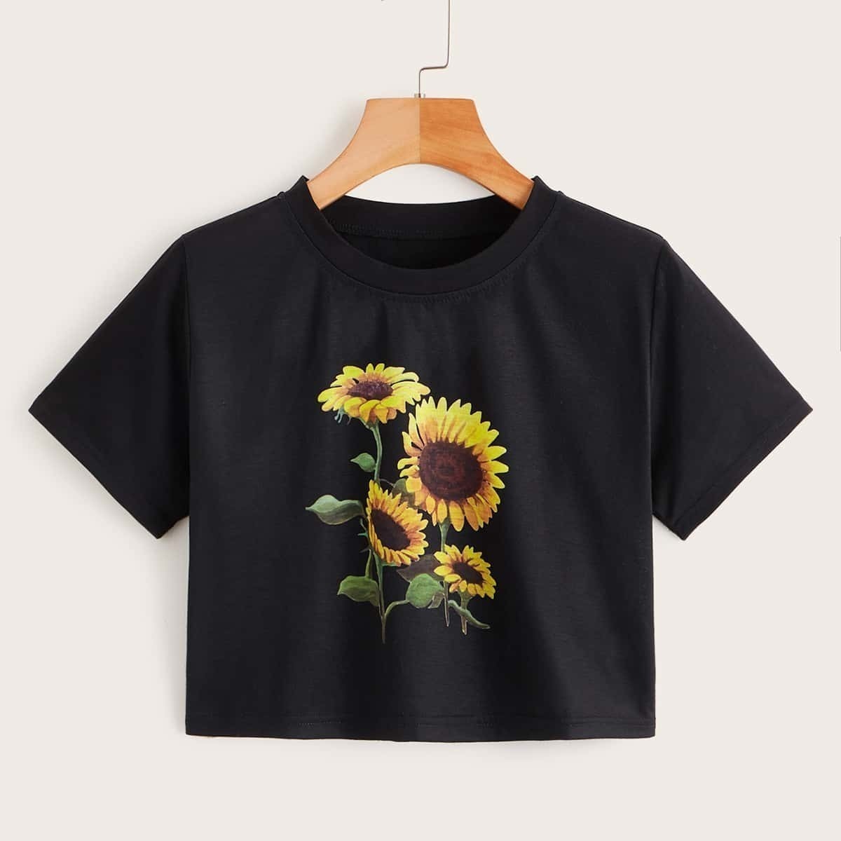 

Sunflower Print Crop Tee, Black