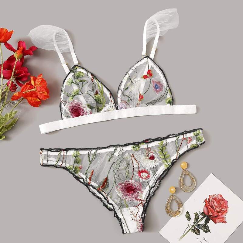 

Floral Embroidered Sheer Lingerie Set, Multicolor