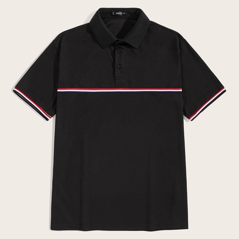 

Guys Collar Striped Tape Placket Top, Black