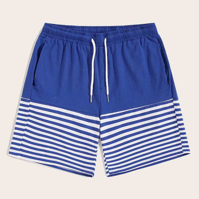 

Guys Drawstring Waist Pocket Patched Striped Shorts, Blue