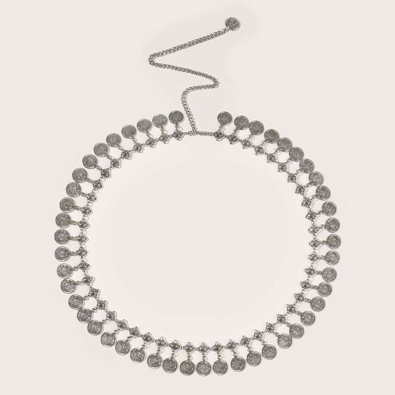 

Textured Disc Charm Chain Belt, Silver