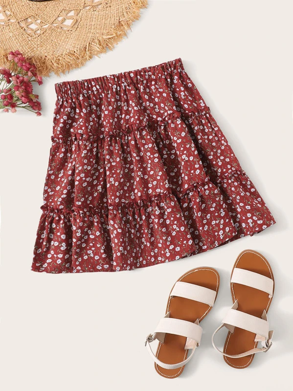 Ditsy Floral Layered Frill Trim Skirt 