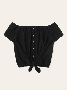 SHEIN Button Tie Front Rib-knit Bardot Tee - Black - View 3