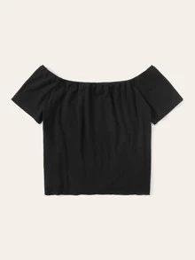 SHEIN Button Tie Front Rib-knit Bardot Tee - Black - View 2
