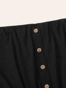 SHEIN Button Tie Front Rib-knit Bardot Tee - Black - View 4