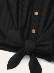 SHEIN Button Tie Front Rib-knit Bardot Tee - Black - View 5
