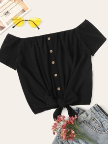 SHEIN Button Tie Front Rib-knit Bardot Tee - Black - View 1