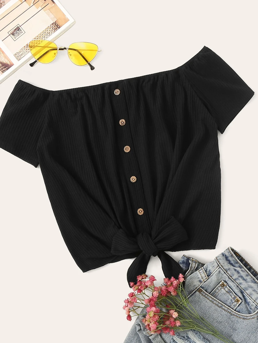 SHEIN Button Tie Front Rib-knit Bardot Tee - Black - View 1