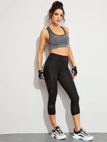 Yoga Trendy 拼接網紗緊身緊身褲 - 黑色 - 查看 3