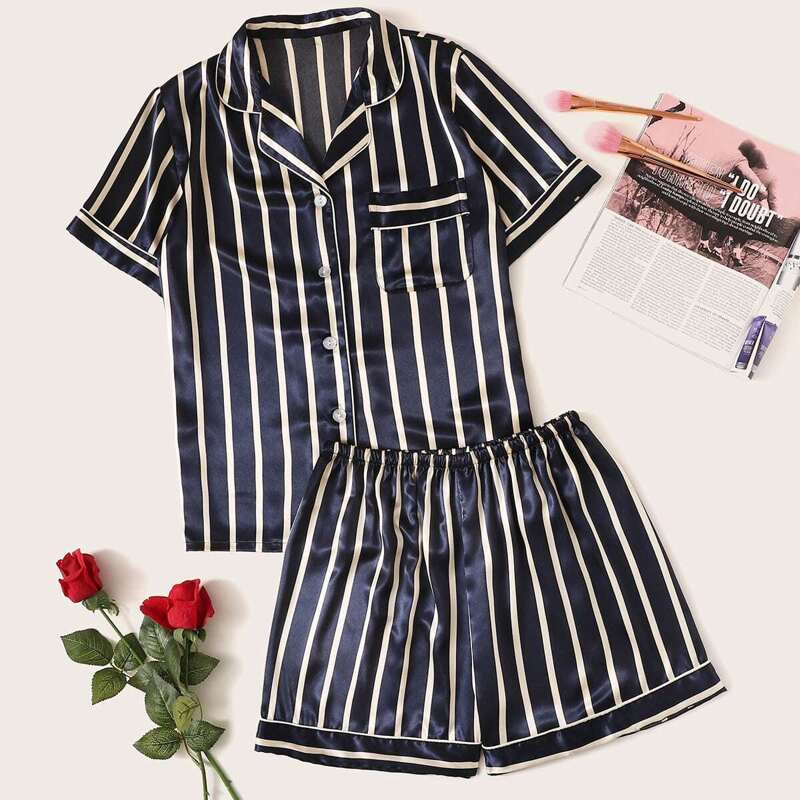 

Striped Button-up Satin Pajama Set, Multicolor