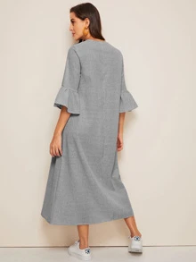 Seusyu Tassel Tie Neck Embroidered Yoke Bell Sleeve Striped Dress