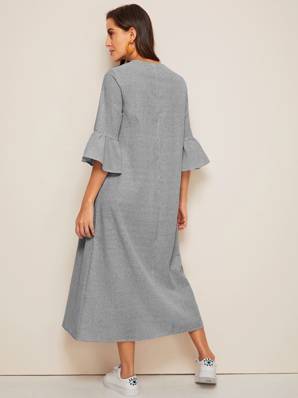 SHEIN Mulvari Tassel Tie Neck Embroidered Yoke Bell Sleeve Striped