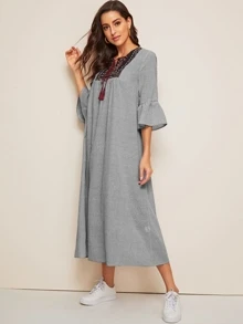 Seusyu Tassel Tie Neck Embroidered Yoke Bell Sleeve Striped Dress