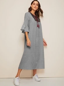 Seusyu Tassel Tie Neck Embroidered Yoke Bell Sleeve Striped Dress
