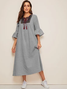 Seusyu Tassel Tie Neck Embroidered Yoke Bell Sleeve Striped Dress