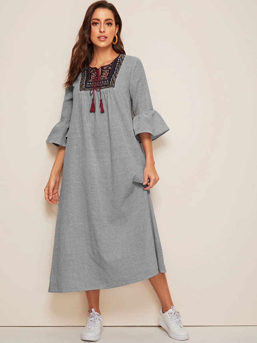 Seusyu Tassel Tie Neck Embroidered Yoke Bell Sleeve Striped Dress
