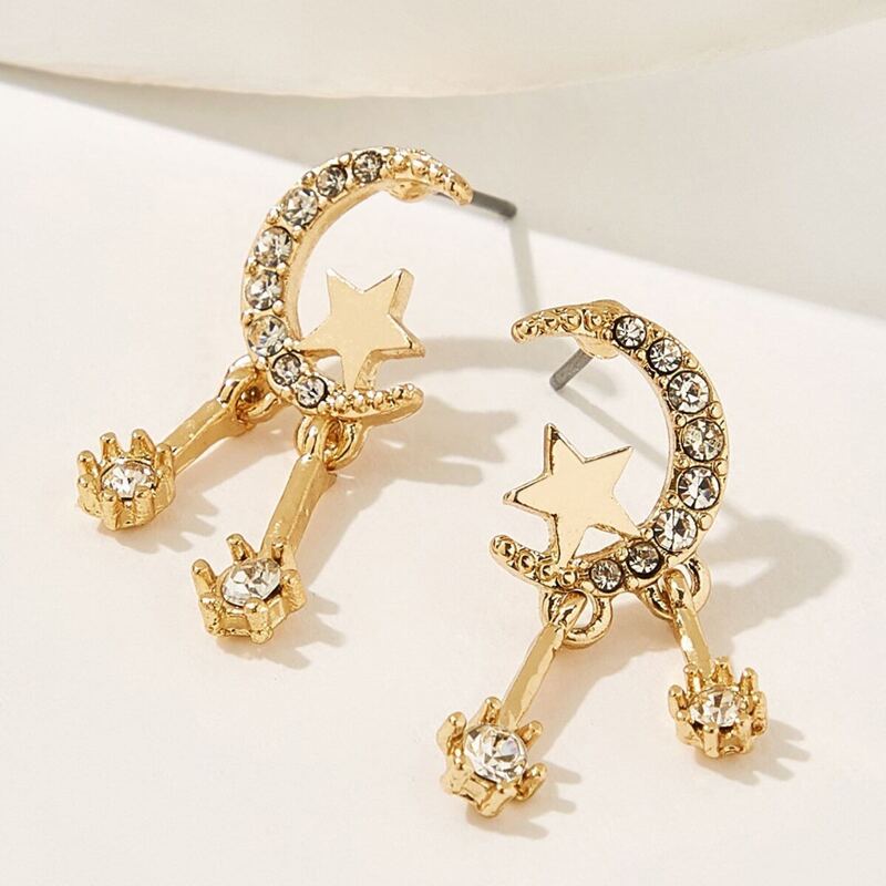 

Rhinestone Engraved Moon Star Shaped Drop Earring 1pair, Gold