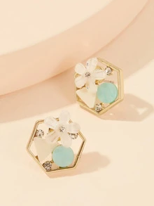 Flower & Rhinestone Detail Hexagon Shaped Stud Earrings 1pair - Multicolor - View 1