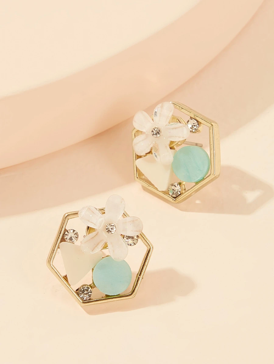 Flower & Rhinestone Detail Hexagon Shaped Stud Earrings 1pair - Multicolor - View 1