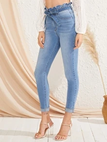 SHEIN Azul Botão Casual Jeans - Lavagem clara - Visão 3