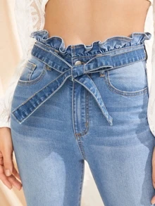 SHEIN Azul Botão Casual Jeans - Lavagem clara - Visão 4