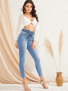 SHEIN Azul Botão Casual Jeans - Lavagem clara - Visão 5
