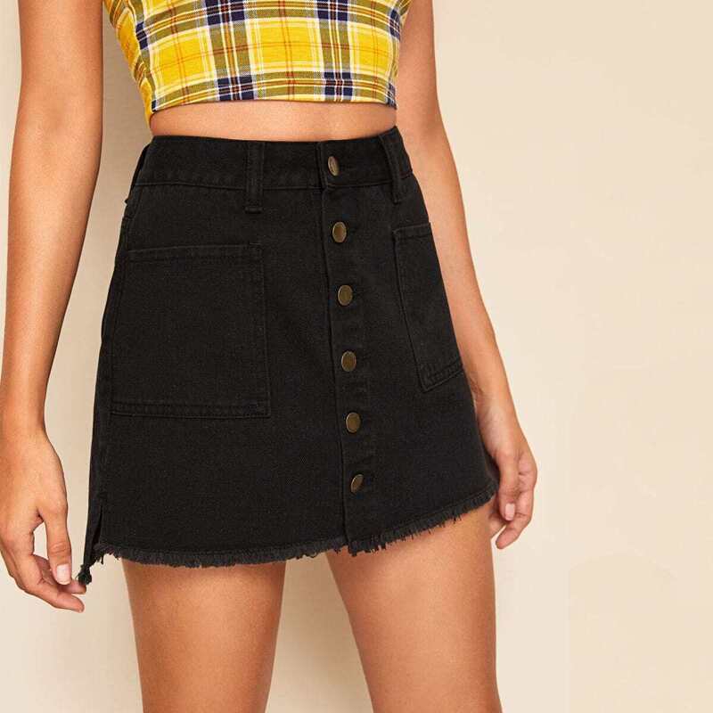 

Trim Button Front Raw Hem Denim Skirt, Black
