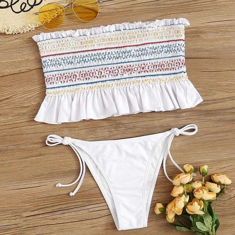 

Ruffle Hem Smocked Top With String Bikini Set, Multicolor
