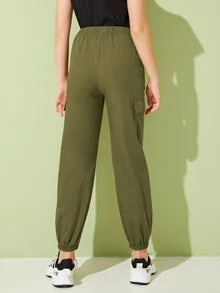 SHEIN 女孩口袋貼布工裝褲 - 軍綠色 - 查看 2