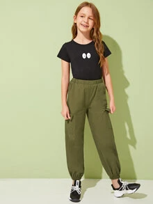 SHEIN 女孩口袋貼布工裝褲 - 軍綠色 - 查看 3