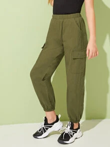 SHEIN 女孩口袋貼布工裝褲 - 軍綠色 - 查看 4