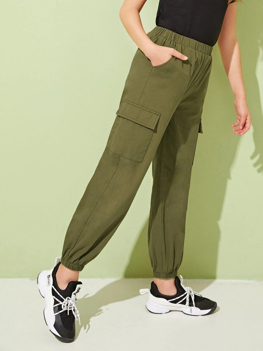 SHEIN 女孩口袋貼布工裝褲 - 軍綠色 - 查看 1