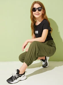 SHEIN 女孩口袋貼布工裝褲 - 軍綠色 - 查看 5