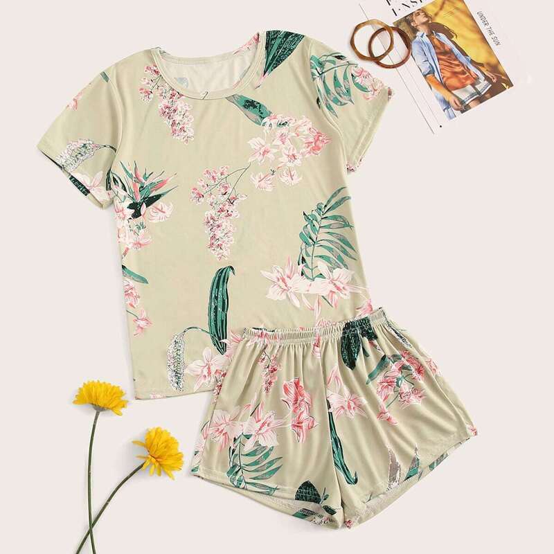 

Floral & Leaf Print Pajama Set, Multicolor