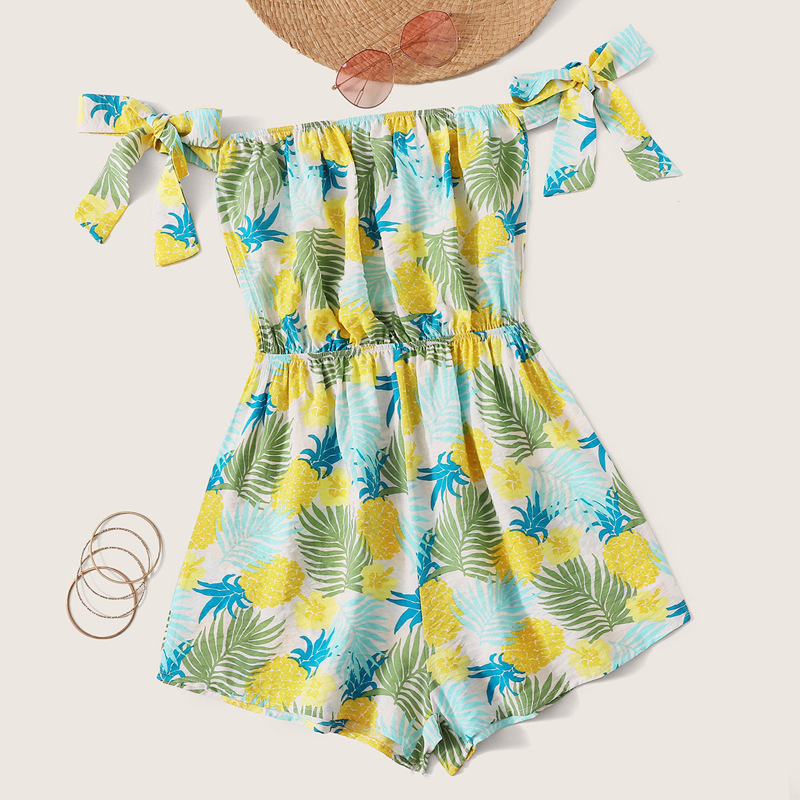 

Knot Sleeve Pineapple Print Bardot Romper, Multicolor