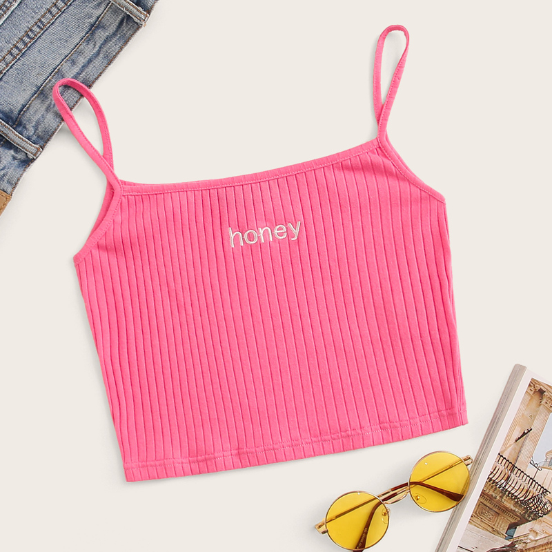 

Embroidery Letter Print Rib-knit Crop Top, Pink