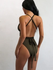Joyfunear Lace Up Plunge Neck One Piece Swimsuit