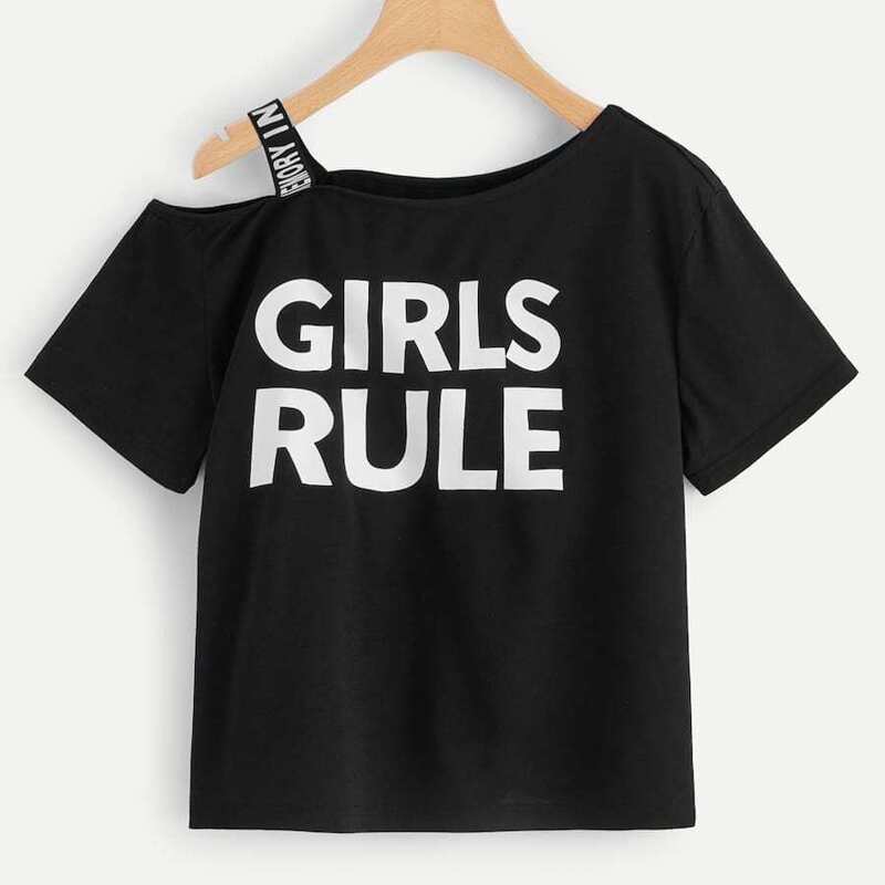 

Plus Letter Print Asymmetric Neck Tee, Black